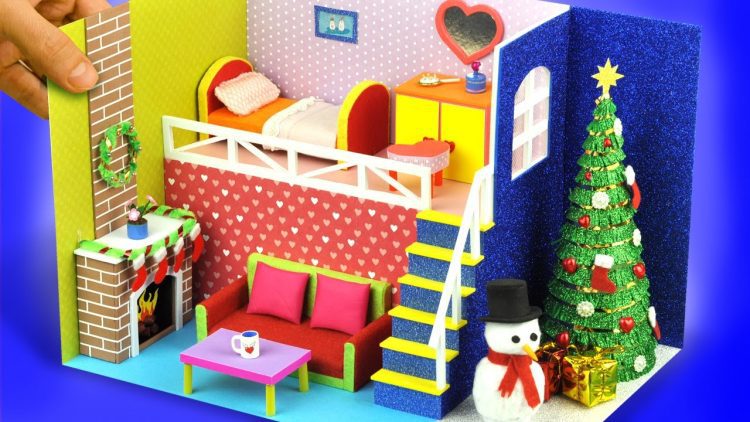 DIY miniature cardboard dollhouse with christmas tree, fireplace and snowman